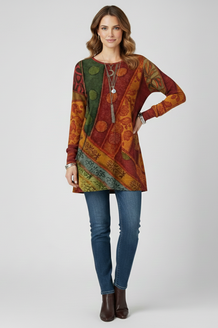 Magdalena | Damen Langarm Tunika mit Patchwork Muster - Image 6