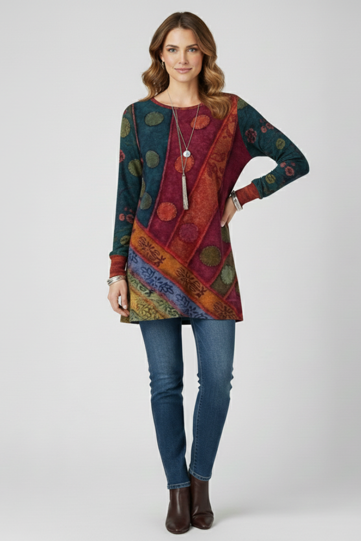 Magdalena | Damen Langarm Tunika mit Patchwork Muster - Image 7