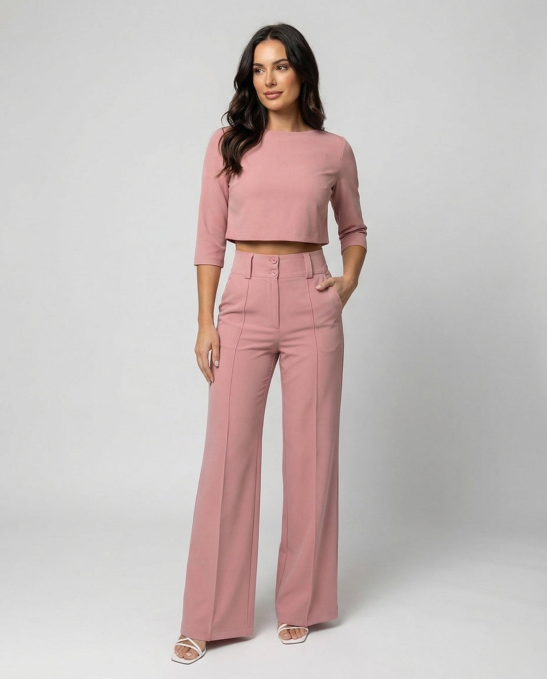 Maiken | Damen Zweiteiler Crop Top Weite Hose Set - Pink - Image 1