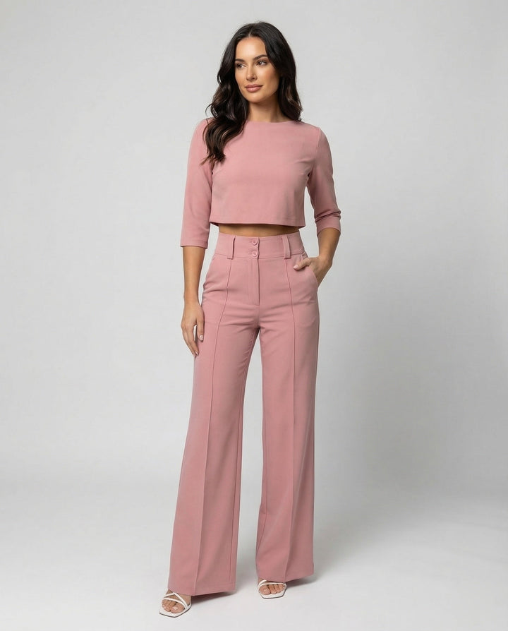Maiken | Damen Zweiteiler Crop Top Weite Hose Set - Pink - Image 1