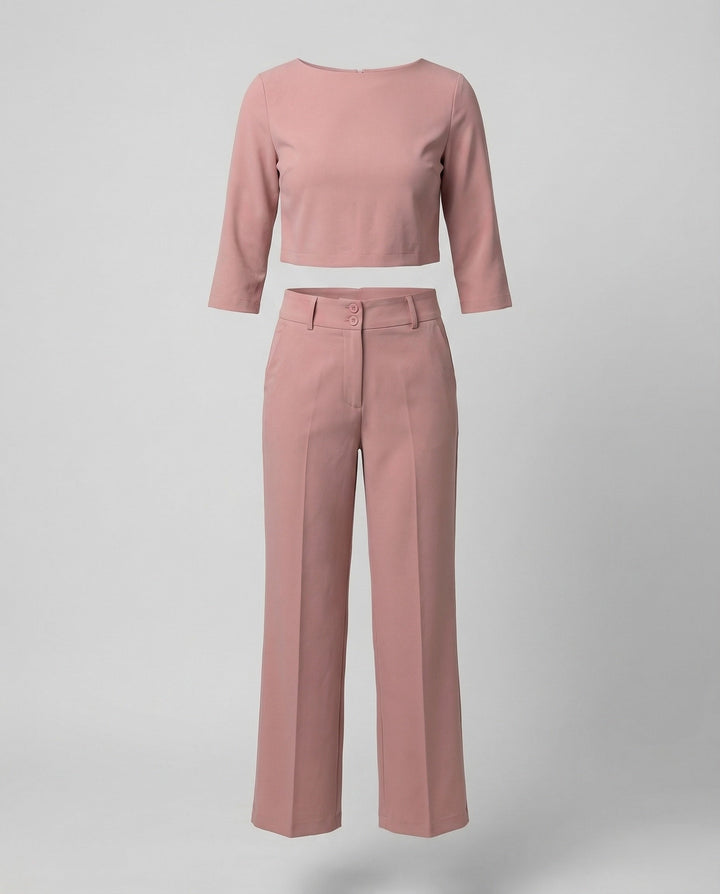 Maiken | Damen Zweiteiler Crop Top Weite Hose Set - Pink - Image 4