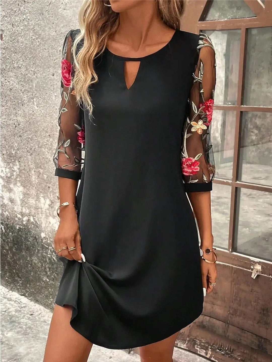 Razel | Damen Spitzenkleid mit Blumenstickerei 3/4 Arm