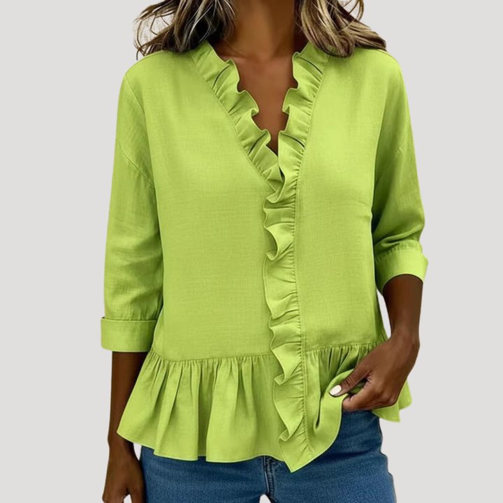 Malena | Damen Rüschen Langarm Bluse - Green - Image 1