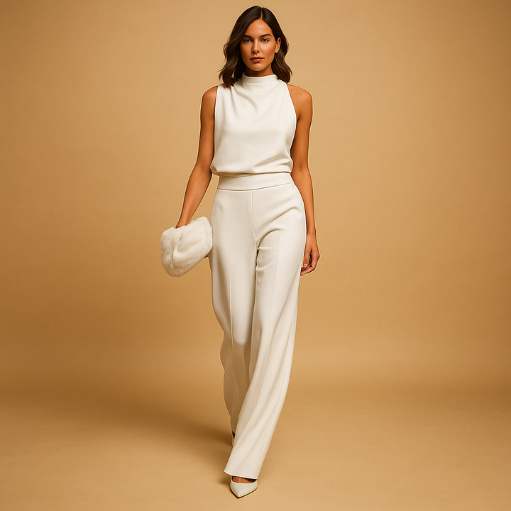 Marceline | Damen Ärmellos Stehkragen Weites Bein Jumpsuit - Navy - Image 6