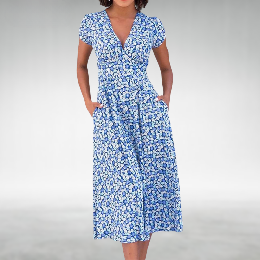Margot | Damen V-Ausschnitt Blumenmuster Midikleid - Floral - Image 1