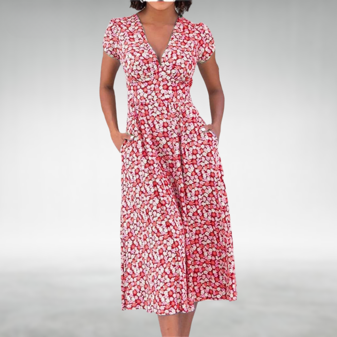 Margot | Damen V-Ausschnitt Blumenmuster Midikleid - Floral - Image 2