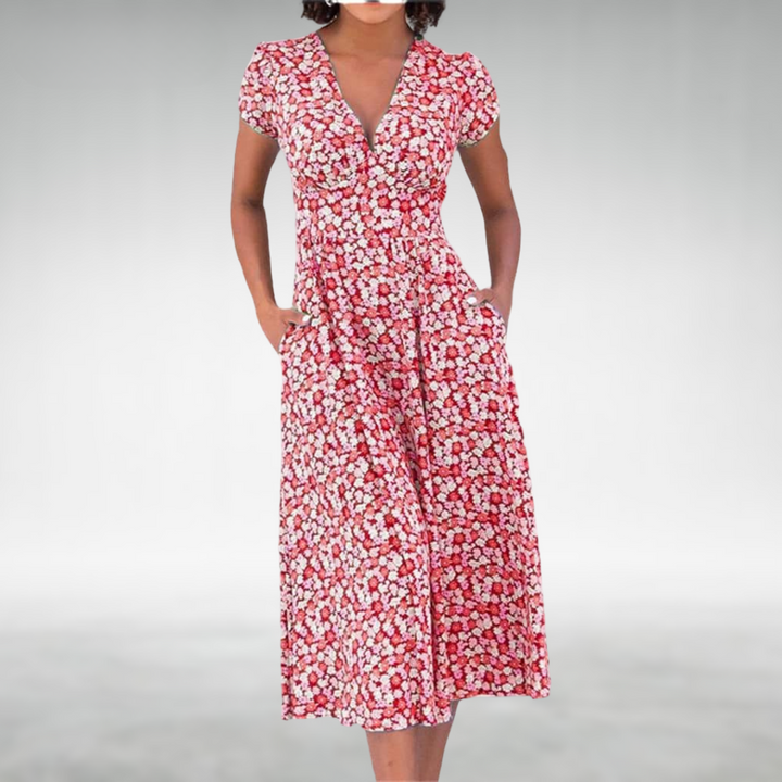 Margot | Damen V-Ausschnitt Blumenmuster Midikleid - Floral - Image 2