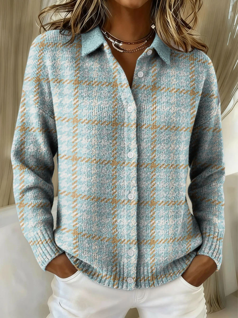 Margrit | Damen Karierte Langarm Strickjacke mit Knopfleiste - Light Blue - Image 1