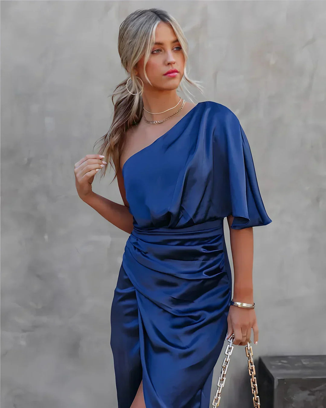 Marianne | Damen One Shoulder Midi Kleid - Blue - Image 1