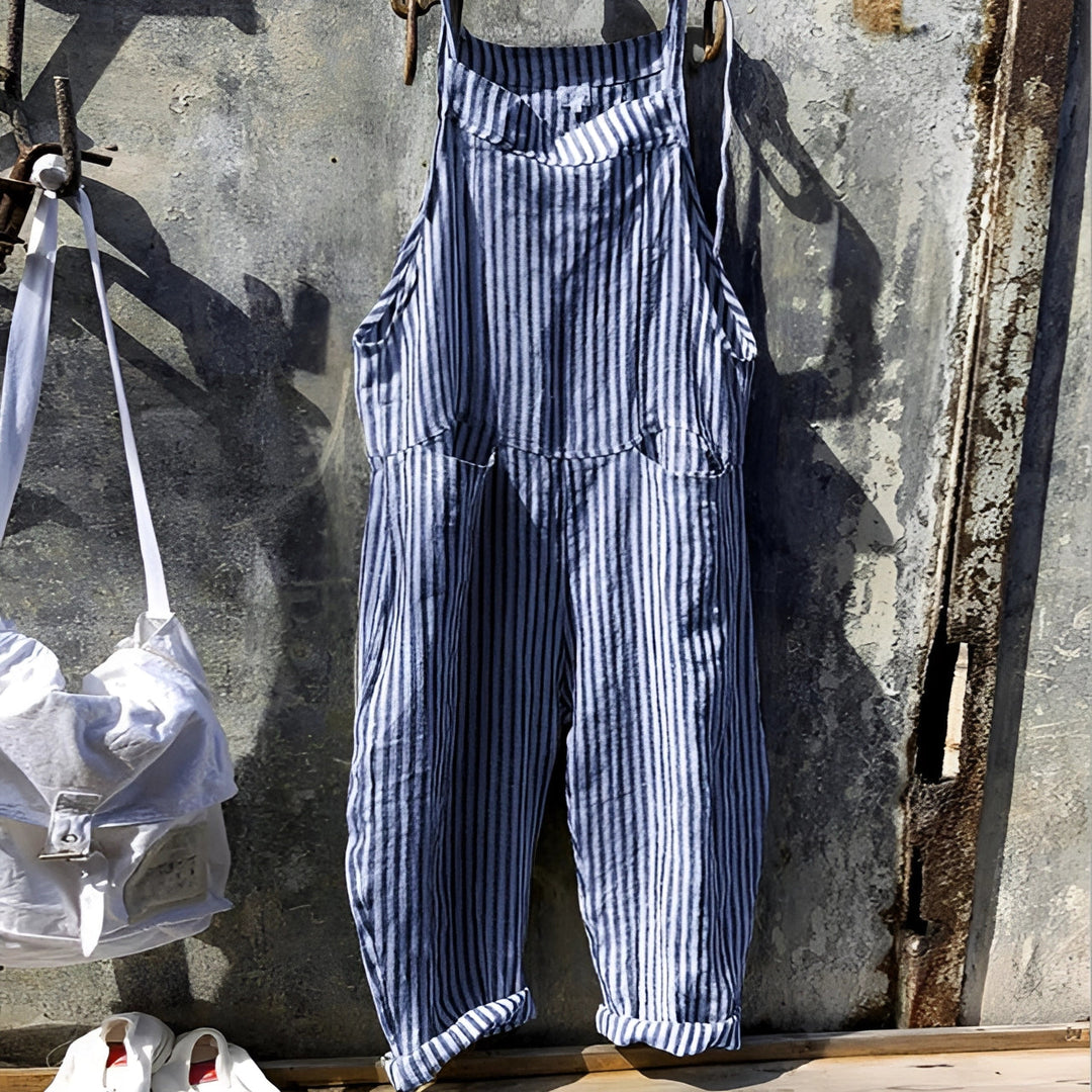Marike | Damen Gestreifte Weite Latzhose mit Taschen - Striped - Image 1