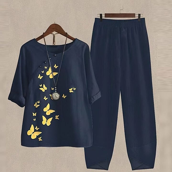 Marita | Damen Zweiteiler Set mit Schmetterlingsprint - Navy - Image 1