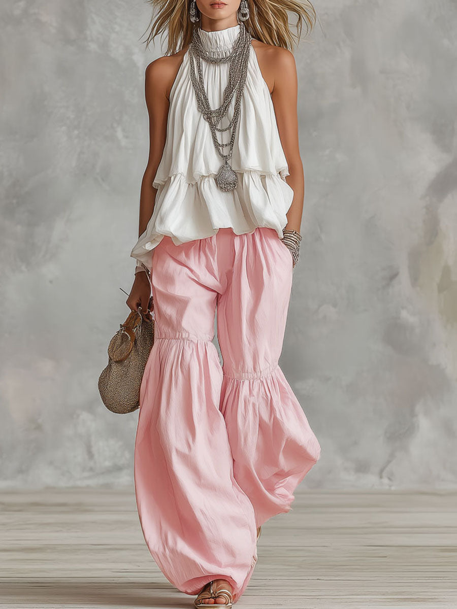 Marlena | Damen Rollkragen Ärmellos Set mit weiter Hose - White - Image 1