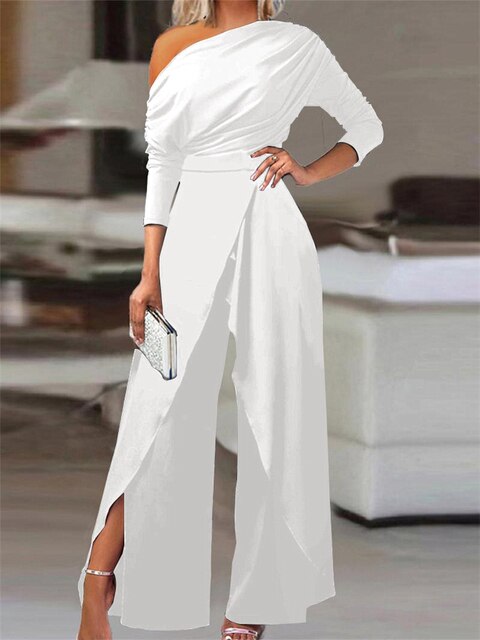 Marlena | Damen Schulterfreier Wide Leg Jumpsuit - White - Image 1