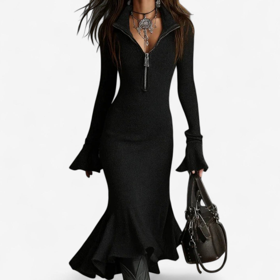 Marlena | Damen Strickkleid mit Reißverschlusskragen, Midi - Dark Grey - Image 4