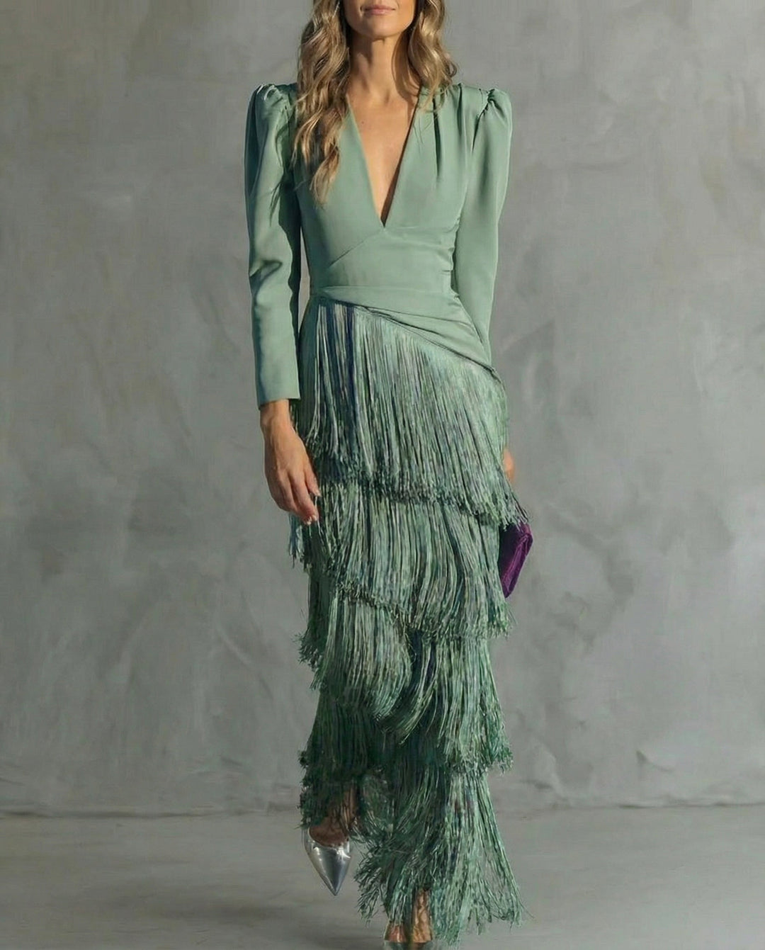 Marlene | Damen Fransen V-Ausschnitt Langarm Kleid - Green - Image 1