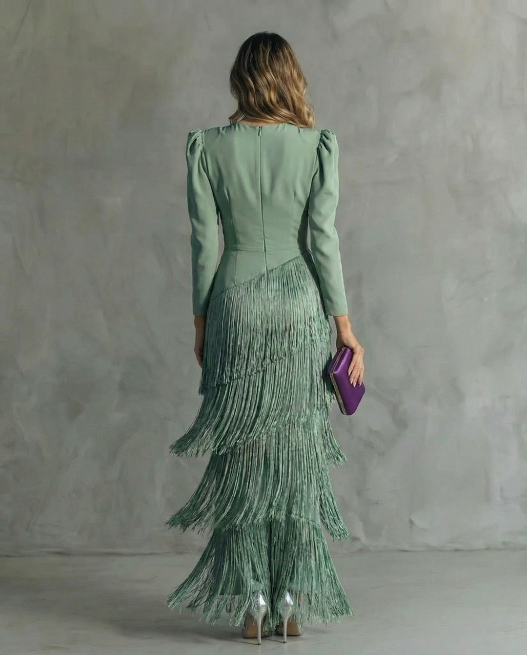 Marlene | Damen Fransen V-Ausschnitt Langarm Kleid - Green - Image 4