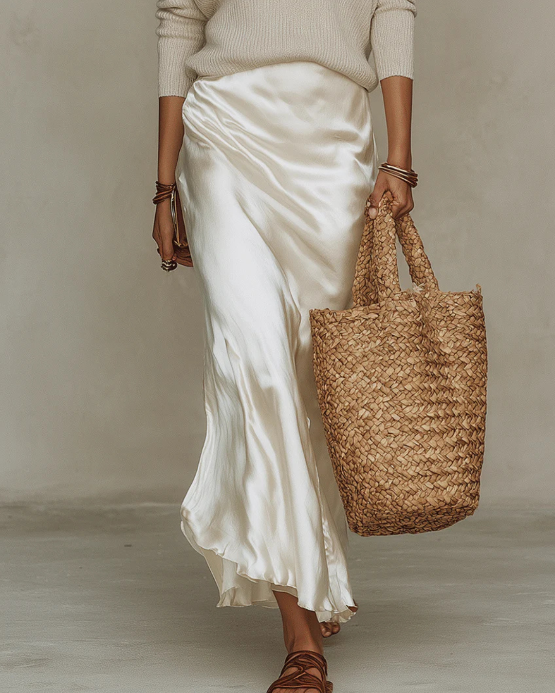 Marlene | Damen Strickpullover & Satin Midi Rock Set - Cream - Image 10
