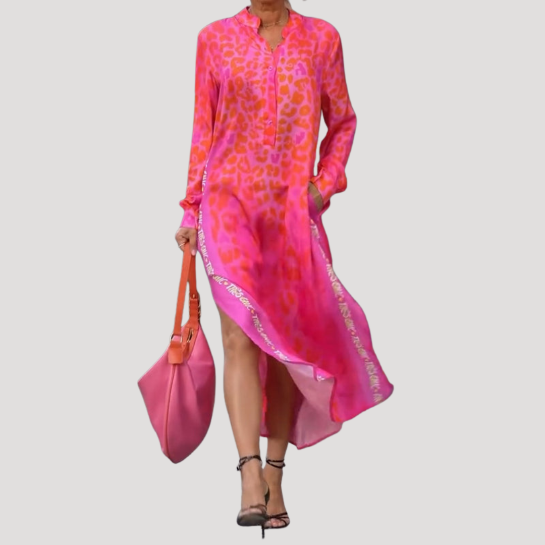 Marlies | Damen Hemdblusenkleid Midikleid Langarm - Pink - Image 1