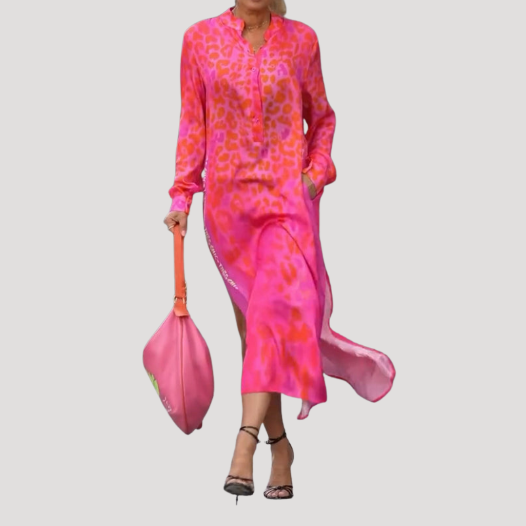 Marlies | Damen Hemdblusenkleid Midikleid Langarm - Pink - Image 2