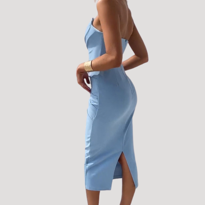 Marlies | Damen Schulterfreies Geraftes Midikleid - Light Blue - Image 2