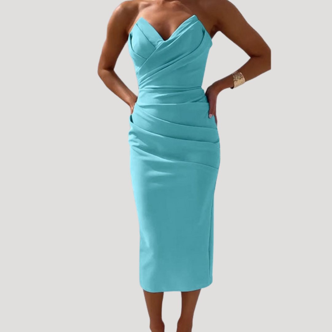 Marlies | Damen Schulterfreies Geraftes Midikleid - Light Blue - Image 5