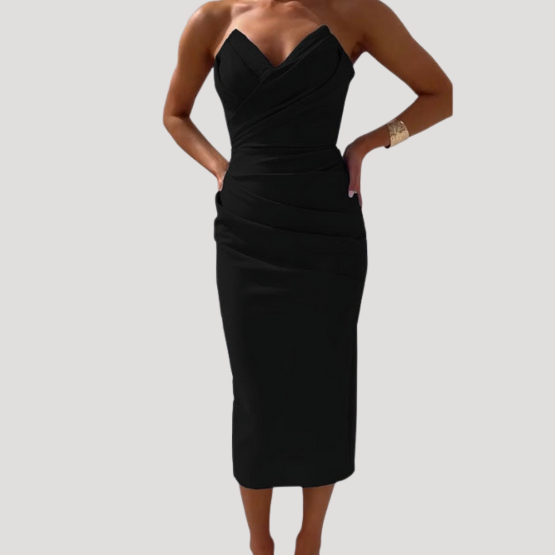 Marlies | Damen Schulterfreies Geraftes Midikleid - Light Blue - Image 6