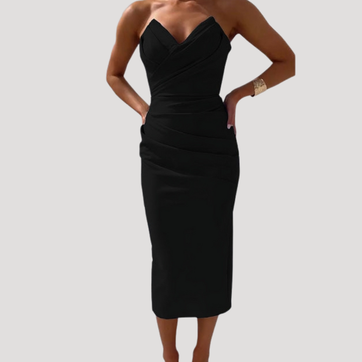 Marlies | Damen Schulterfreies Geraftes Midikleid - Light Blue - Image 6