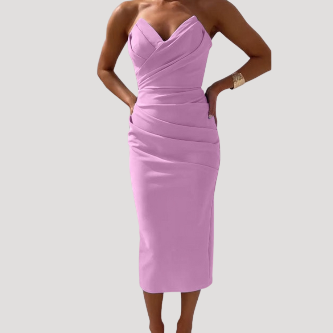 Marlies | Damen Schulterfreies Geraftes Midikleid - Light Blue - Image 7