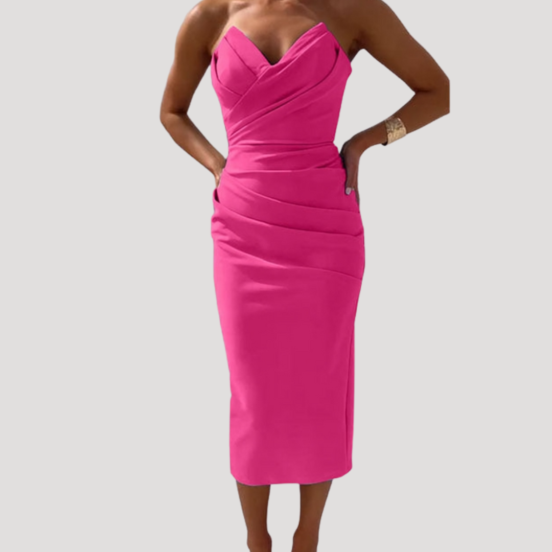 Marlies | Damen Schulterfreies Geraftes Midikleid - Light Blue - Image 8