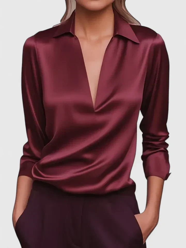 Marlies | Damen V-Ausschnitt Langarm Bluse - Champagne - Image 2