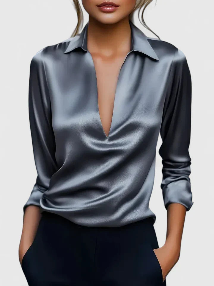 Marlies | Damen V-Ausschnitt Langarm Bluse - Champagne - Image 3