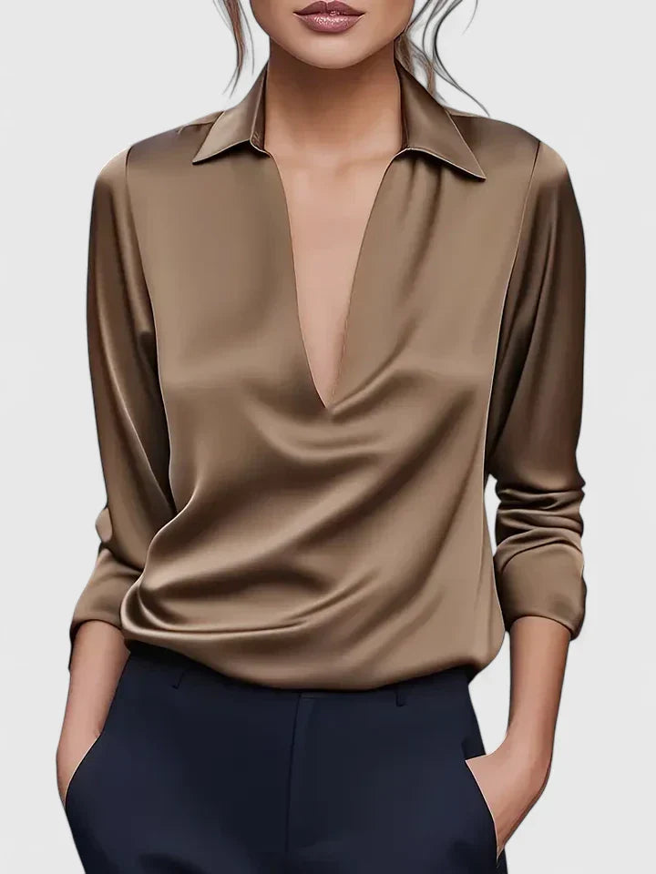 Marlies | Damen V-Ausschnitt Langarm Bluse - Champagne - Image 6