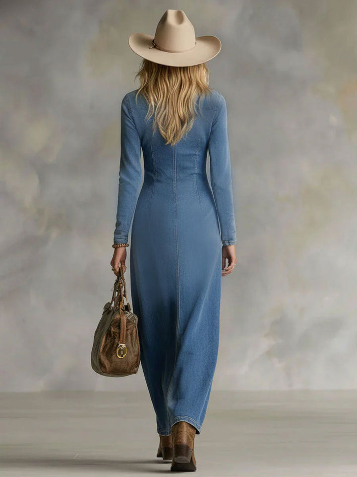 Marlika | Damen V-Ausschnitt Langarm Maxikleid - Blue - Image 5