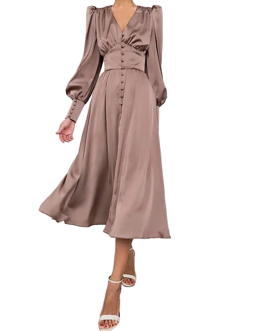 Marlina | Damen V-Ausschnitt Langarm Midikleid - Beige - Image 1
