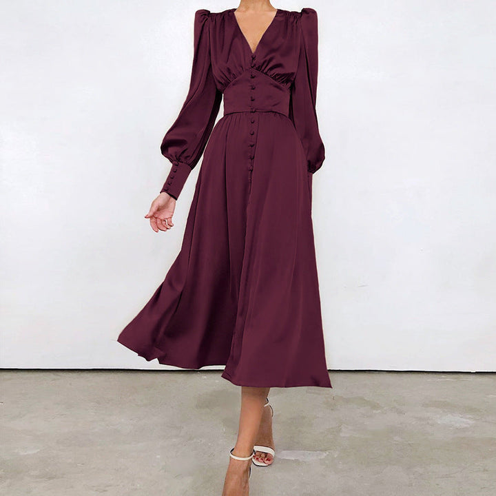 Marlina | Damen V-Ausschnitt Langarm Midikleid - Beige - Image 10