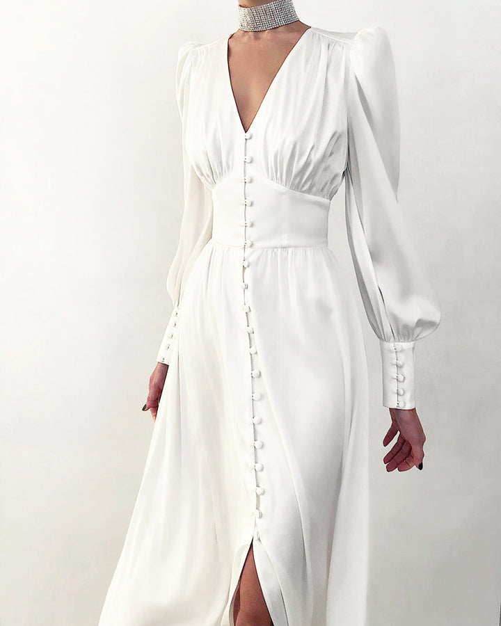 Marlina | Damen V-Ausschnitt Langarm Midikleid - Beige - Image 11