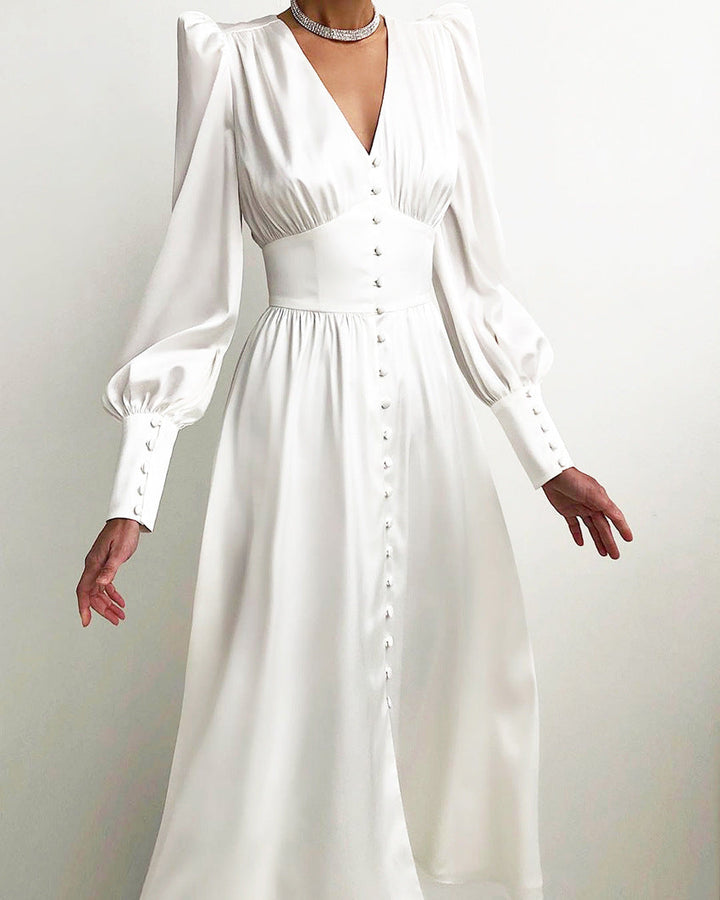 Marlina | Damen V-Ausschnitt Langarm Midikleid - Beige - Image 4