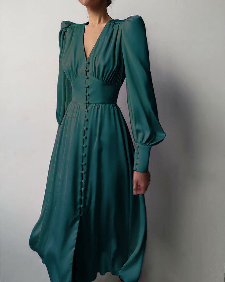 Marlina | Damen V-Ausschnitt Langarm Midikleid - Beige - Image 7