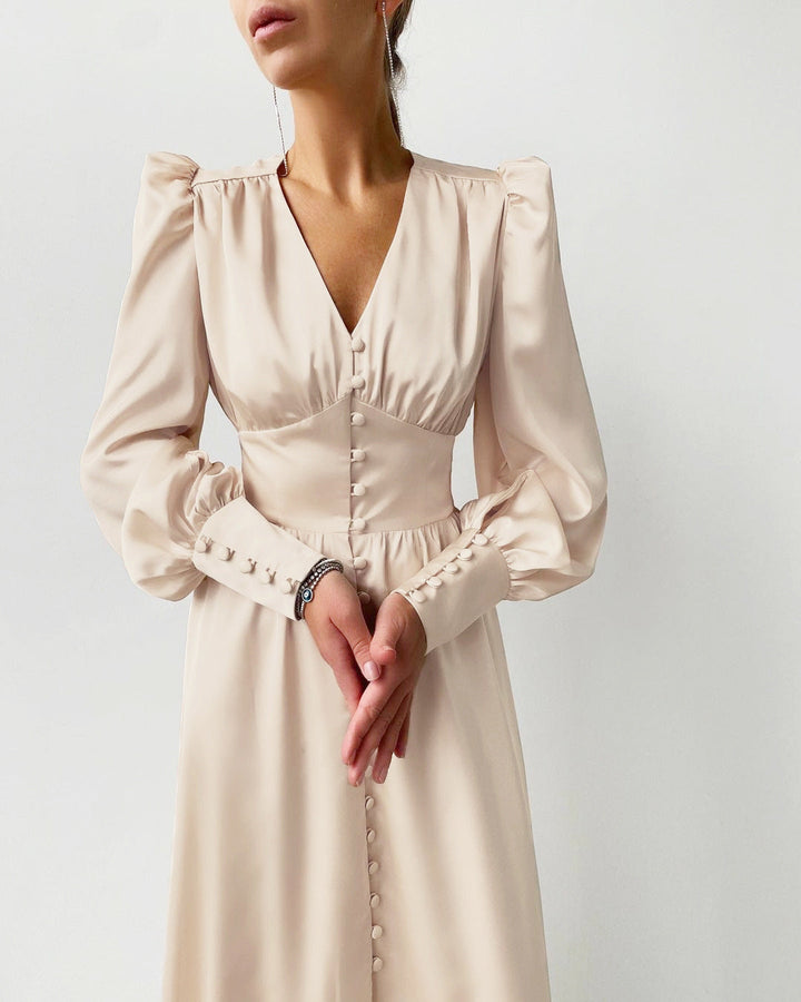 Marlina | Damen V-Ausschnitt Langarm Midikleid - Beige - Image 8