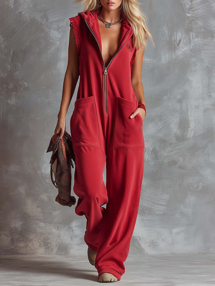 Marlinka | Damen Kapuzen Jumpsuit mit Reißverschluss - Red - Image 1