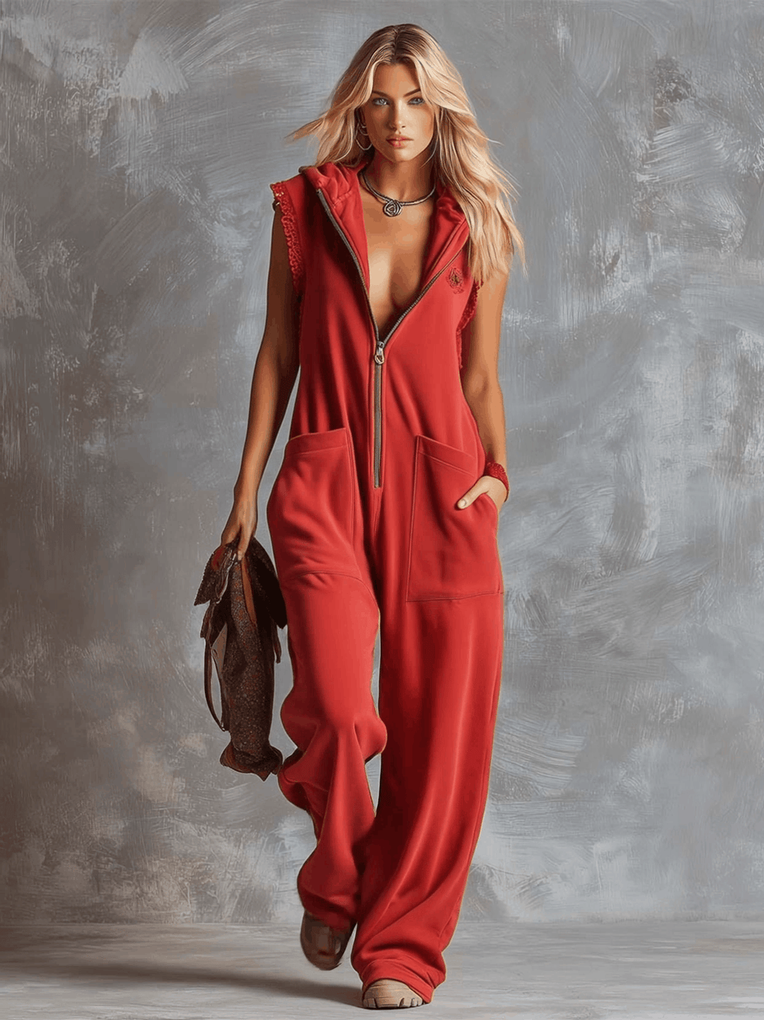 Marlinka | Damen Kapuzen Jumpsuit mit Reißverschluss - Red - Image 2