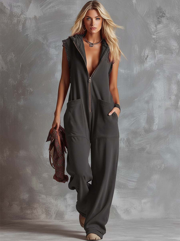 Marlinka | Damen Kapuzen Jumpsuit mit Reißverschluss - Red - Image 4