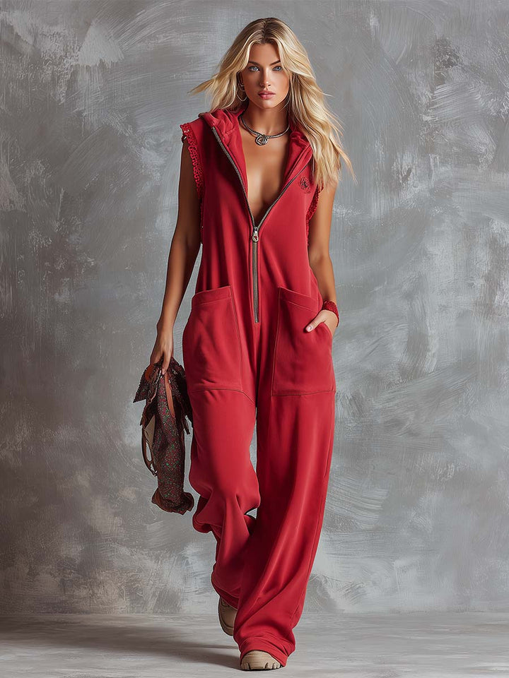 Marlinka | Damen Kapuzen Jumpsuit mit Reißverschluss - Red - Image 6