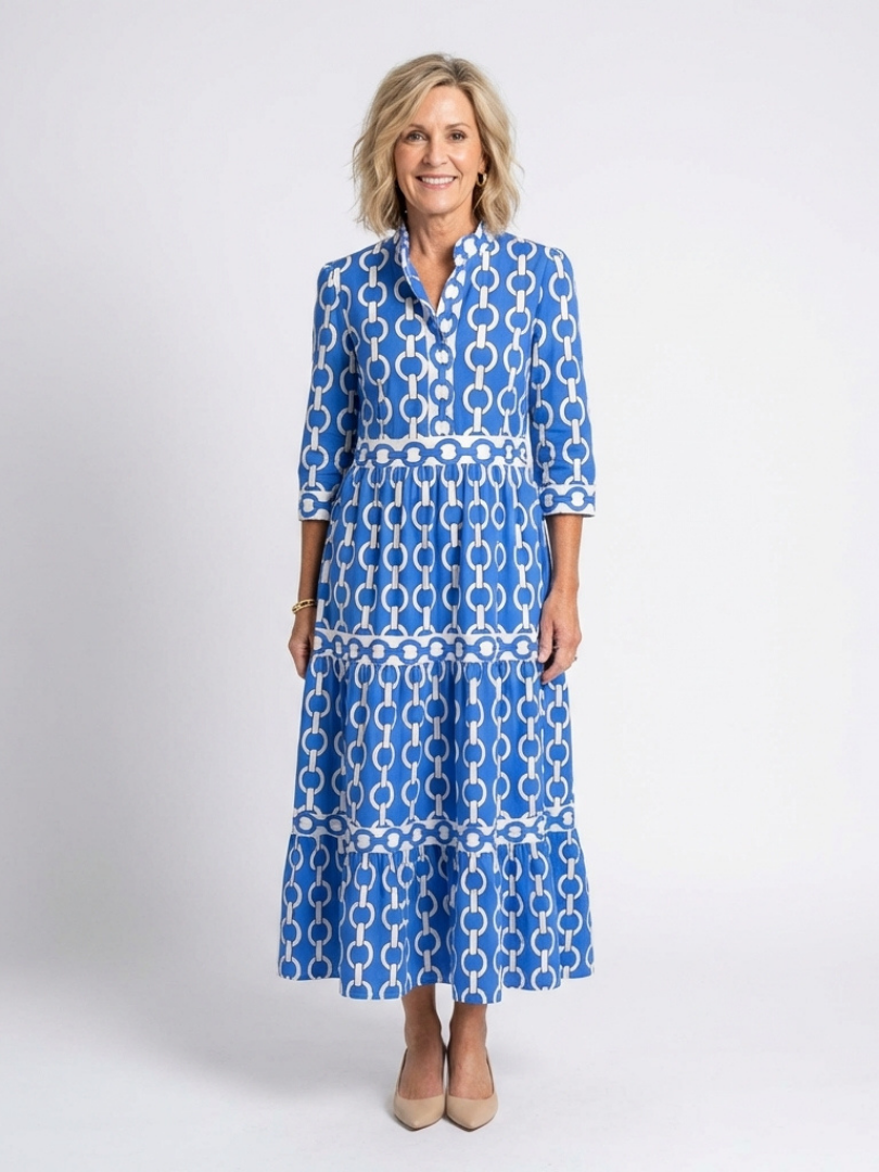 Marta | Damen Kettenmuster 3/4 Ärmel Midi Kleid - Blue - Image 1