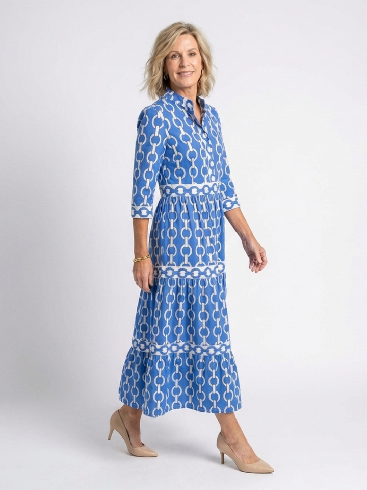Marta | Damen Kettenmuster 3/4 Ärmel Midi Kleid - Blue - Image 2