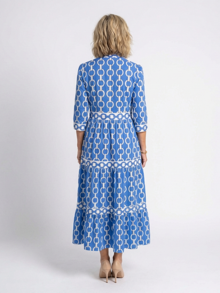 Marta | Damen Kettenmuster 3/4 Ärmel Midi Kleid - Blue - Image 3