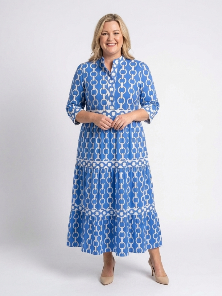 Marta | Damen Kettenmuster 3/4 Ärmel Midi Kleid - Blue - Image 4