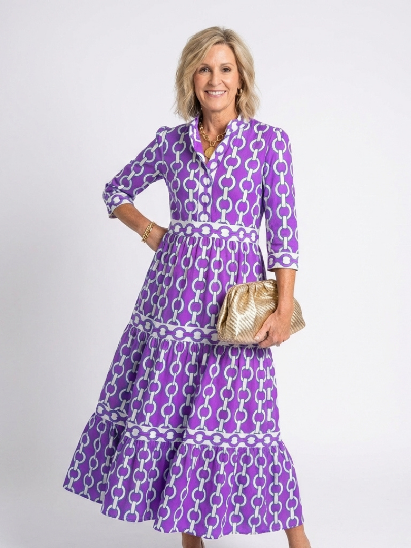 Marta | Damen Kettenmuster 3/4 Ärmel Midi Kleid - Blue - Image 5