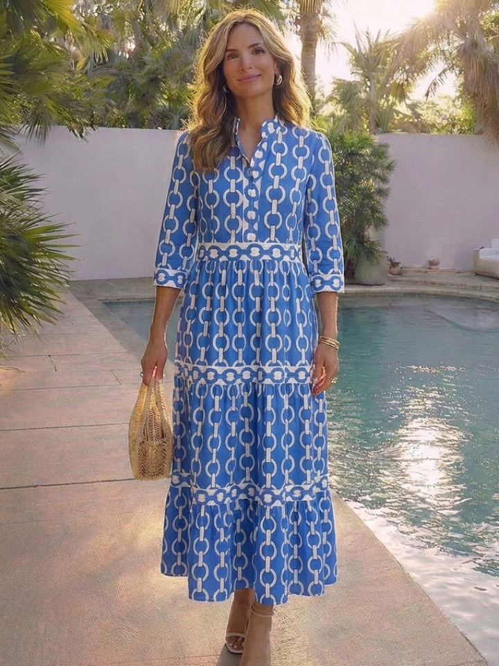 Marta | Damen Kettenmuster 3/4 Ärmel Midi Kleid - Blue - Image 6