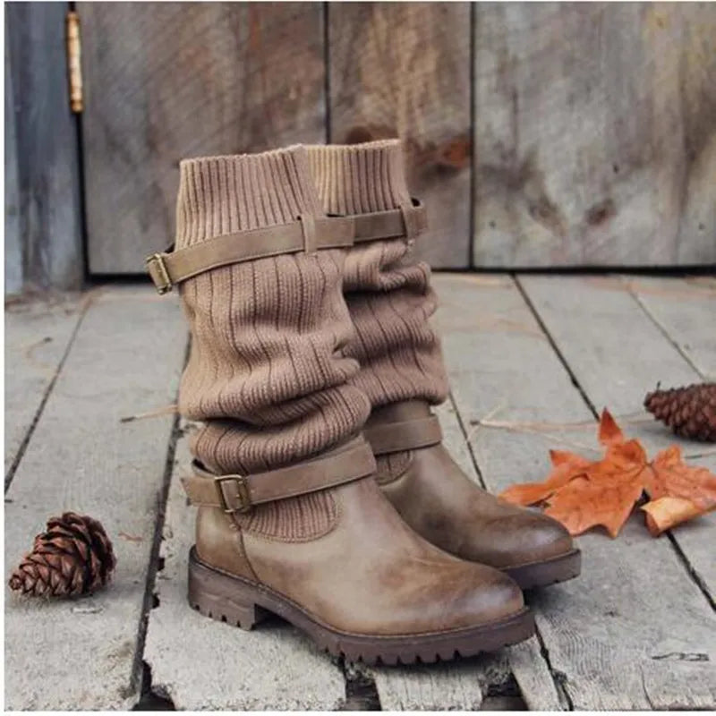 Marvina | Damen Winterstiefel Strickschaft Blockabsatz - Taupe - Image 1